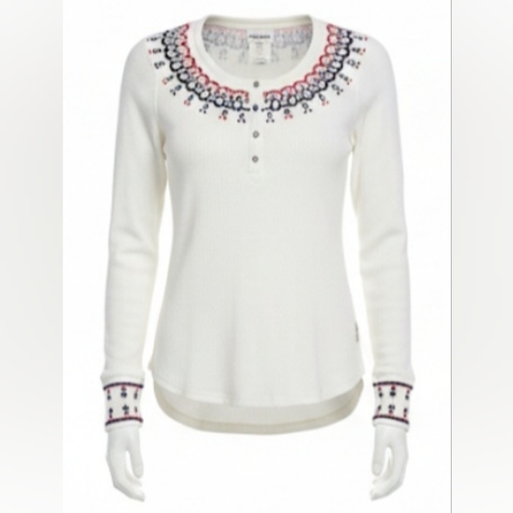 Lucky Brand XL White Waffle Knit Thermal Henley Embroidered Boho Cotton Top - Picture 2 of 7